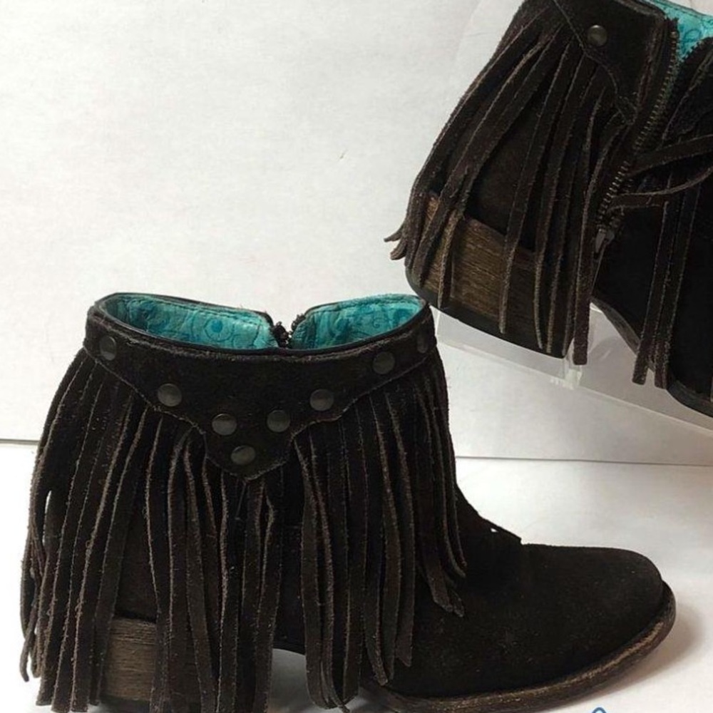 Corral Suede Fringe Ankle Booties - Dark Brown Size 6